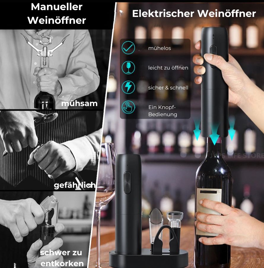 WineMaster - Elektrischer Weinflaschenöffner -  Set mit Ladebasis